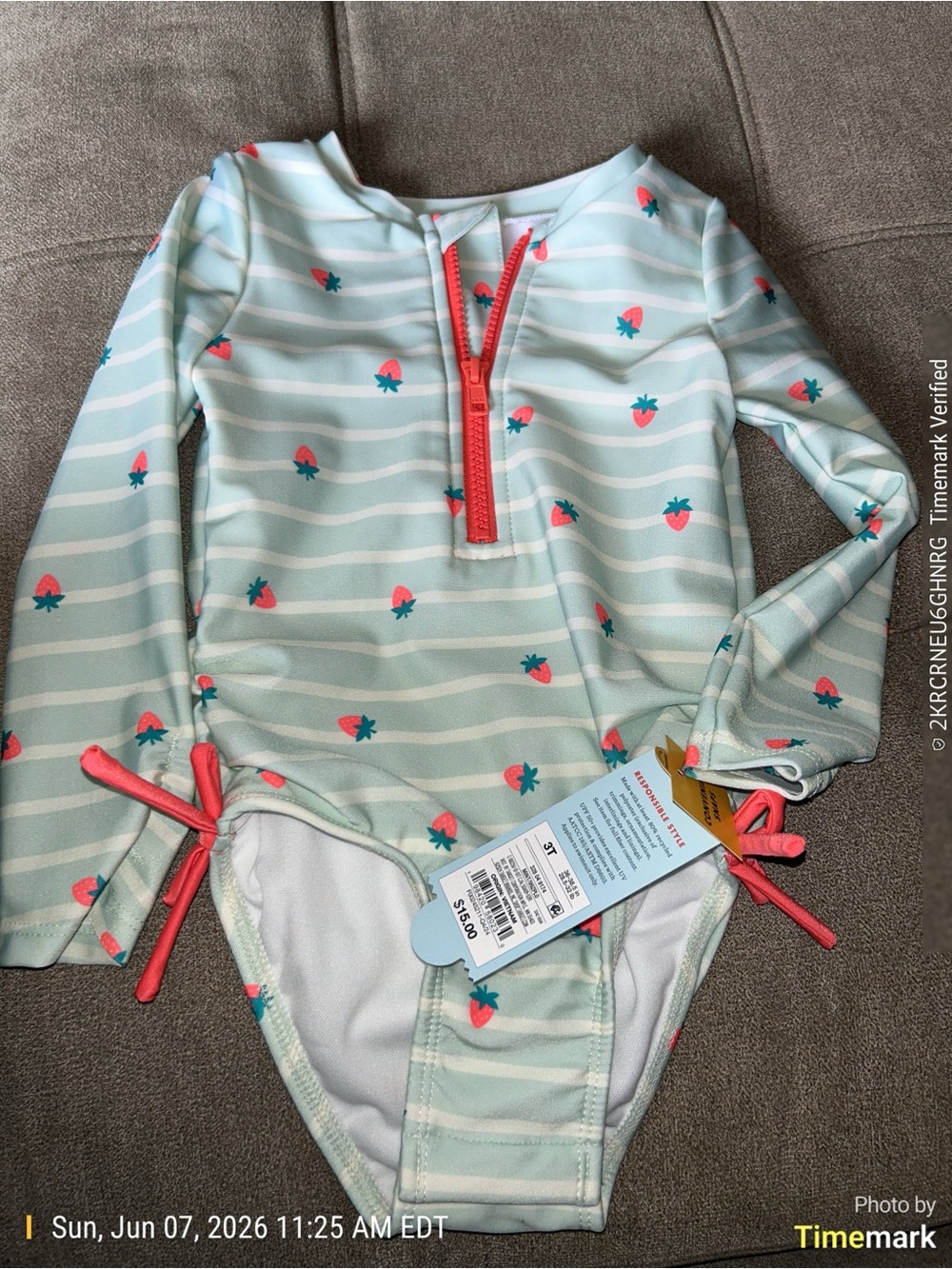 Cat & Jack 3T Mint Stripe One-Piece Swimsuit with Coral Accents